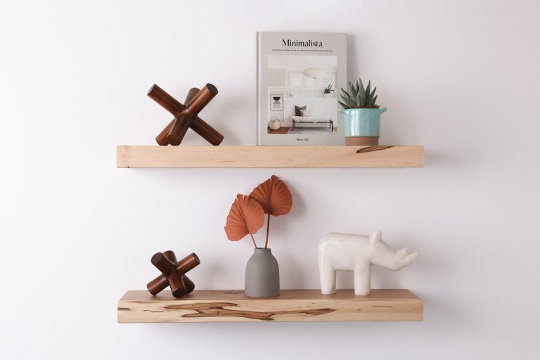 Wormy Maple floating shelves styled with modern decor, succulents, and books—handcrafted shelving by Legacy Handcraft showcasing natural ambrosia character and minimalist design