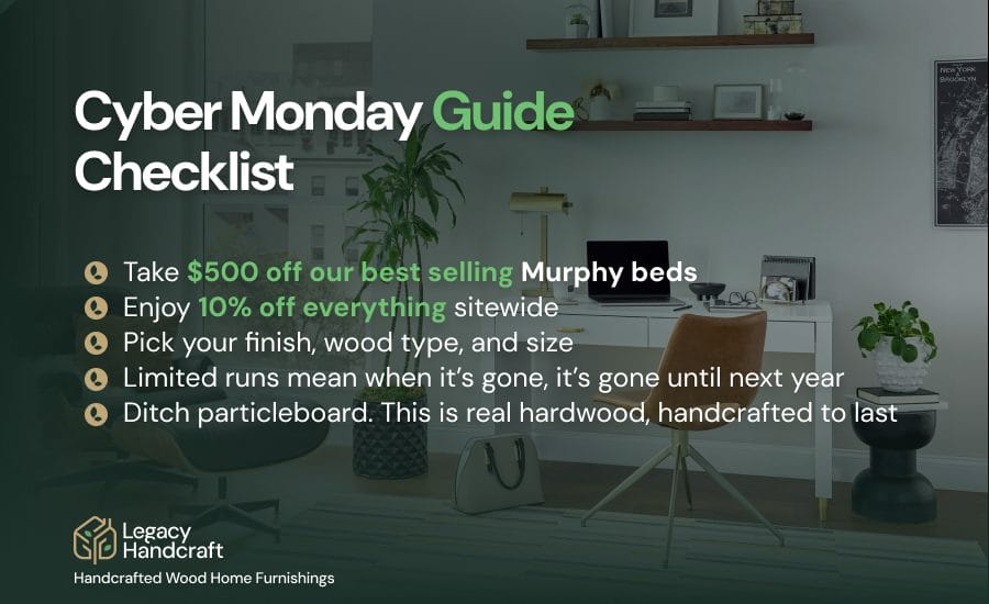 Cyber Monday guide checklist graphic highlighting discounts on Murphy beds, sitewide savings, wood type choices, and handcrafted hardwood furniture, with Legacy Handcraft branding.