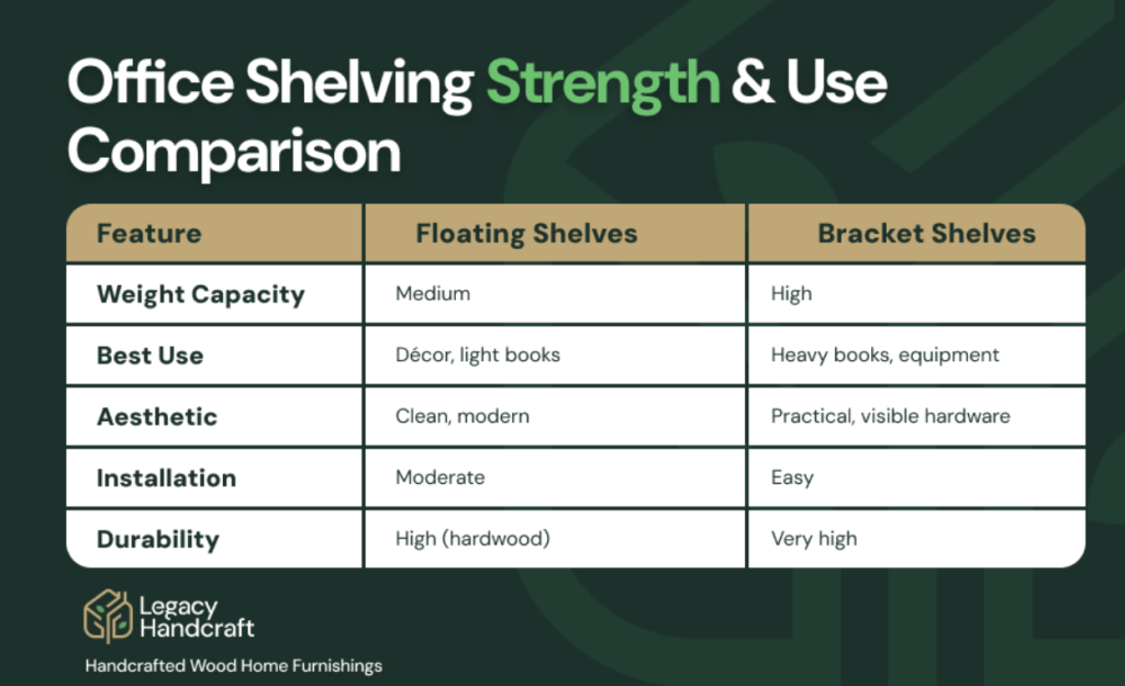 Table comparison of office shelving strength & use comparison